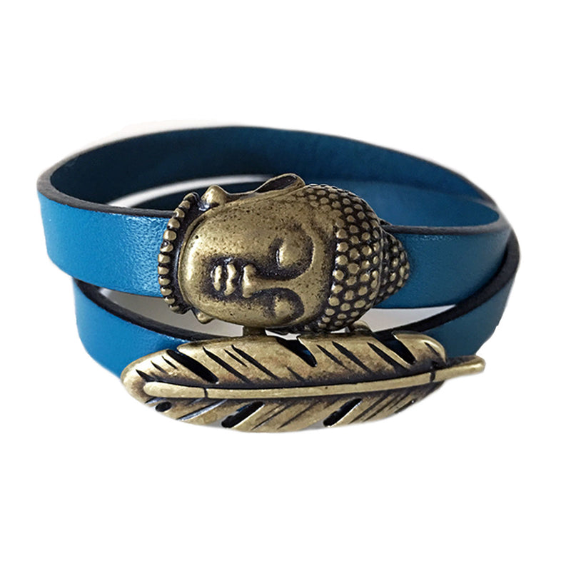 CHAK-WRAPS™ Big Buddha & Feather Brass Leather Bracelet