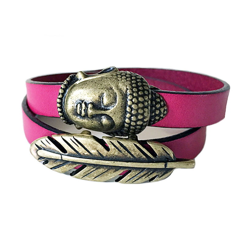 CHAK-WRAPS™ Big Buddha & Feather Brass Leather Bracelet