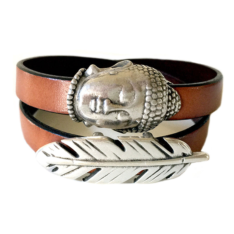 CHAK-WRAPS™ Big Buddha & Feather Silver Leather Bracelet