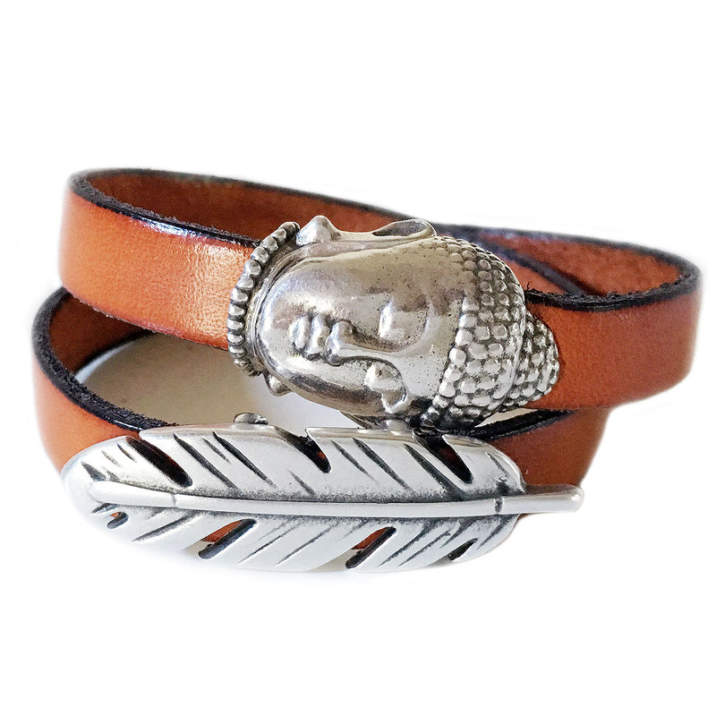CHAK-WRAPS™ Big Buddha & Feather Silver Leather Bracelet